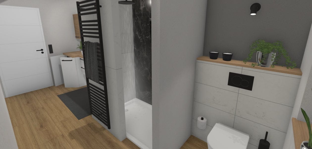 Modernes Schlauchbad mit Waschmaschine – 10 qm