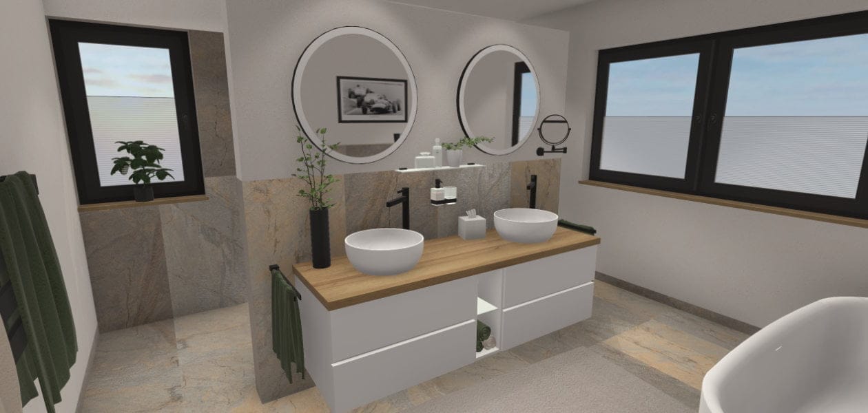 Design trifft Funktion: T-Wand mit halbfreistehender Badewanne – 15qm