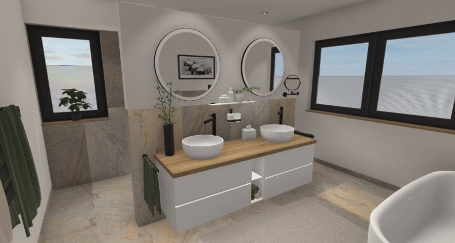 Design trifft Funktion: T-Wand mit halbfreistehender Badewanne – 15qm