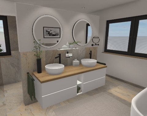 Design trifft Funktion: T-Wand mit halbfreistehender Badewanne – 15qm