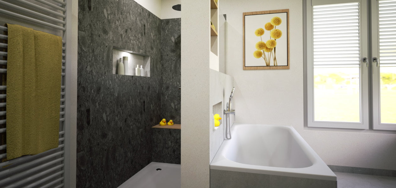 Eine große Dusche mit Sitzbank für die ganze Familie!