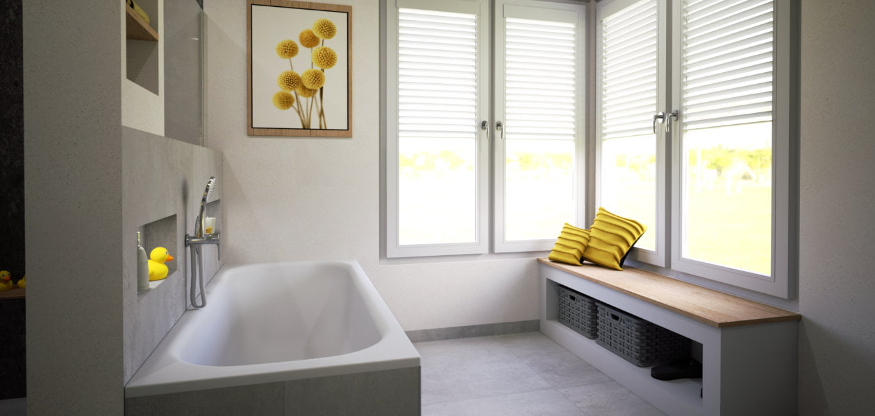 Badewanne mit Tageslicht und dazu eine große Sitzbank. Wie startet ihr in den Tag?