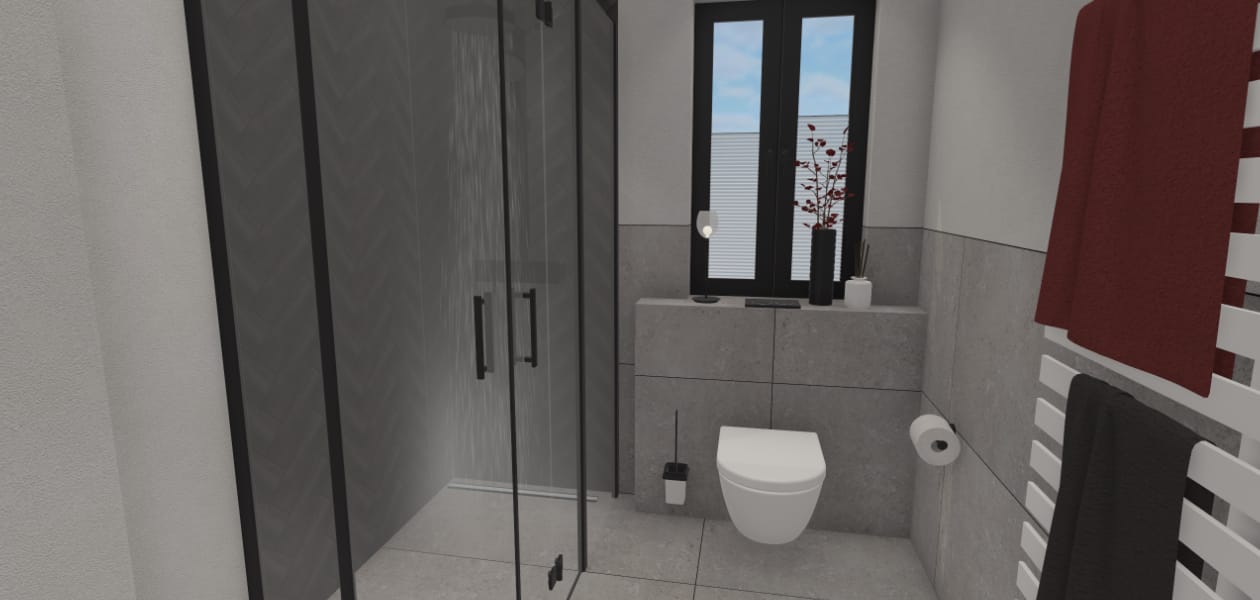 Offene Dusche mit Abtrennung zum WC