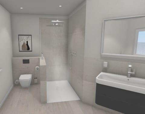 Offene Dusche mit Abtrennung zum WC