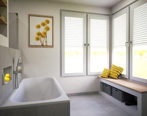 Badewanne mit Tageslicht und dazu eine große Sitzbank. Wie startet ihr in den Tag?