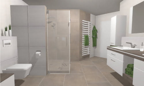 Ansicht Dusche, WC, Heizkörper & Badmöbel