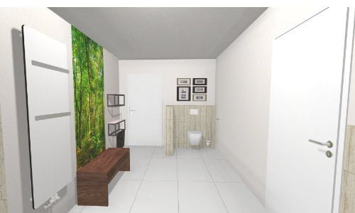 Durchgang mit Heizkörper, Hängeregalen, Sitzbank und WC