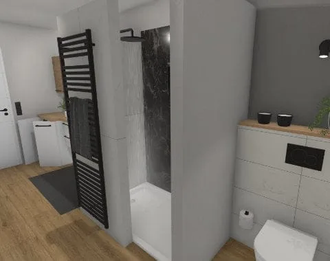Modernes Schlauchbad mit Waschmaschine – 10 qm