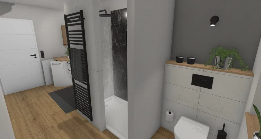 Modernes Schlauchbad mit Waschmaschine – 10 qm