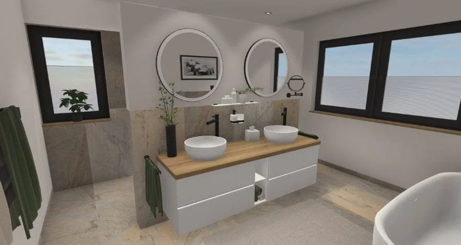 Design trifft Funktion: T-Wand mit halbfreistehender Badewanne – 15qm