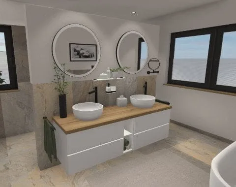 Design trifft Funktion: T-Wand mit halbfreistehender Badewanne – 15qm