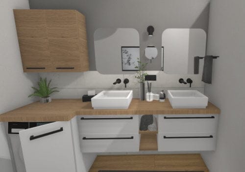 Das Badezimmer mit großem Doppel-Waschtisch und Waschmaschine